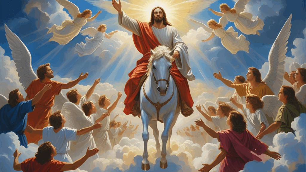 Jesus Cristo vindo nas nuvens do céu para vim nos buscar no fim dos tempos 