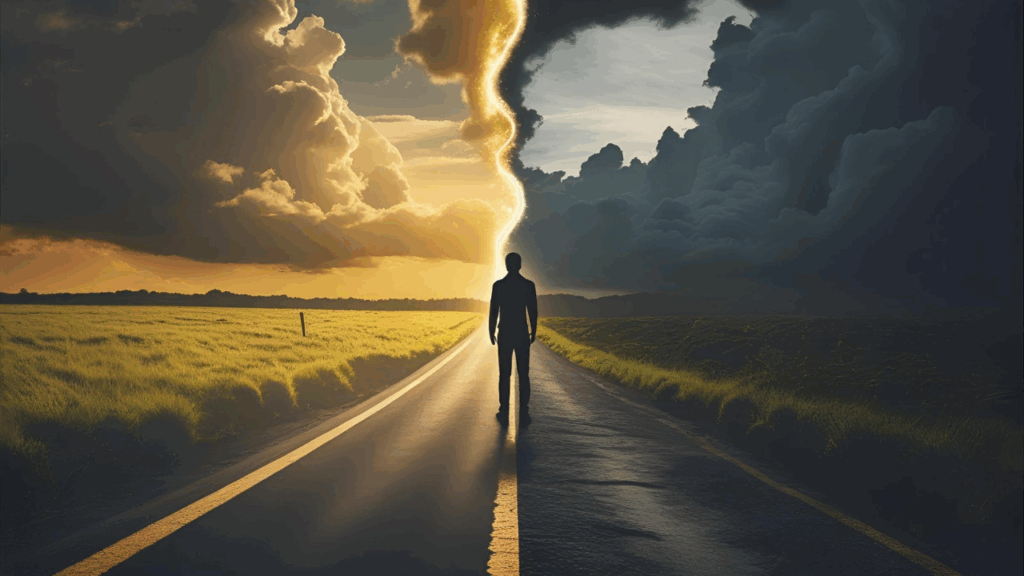 Duas opções, uma escolha, mostrando que terá falsos ensinamentos representando pelo lado escuro, e o verdadeiro ensinamento mostrando pelo lado mais claro, um dos sinais dos tempos também 