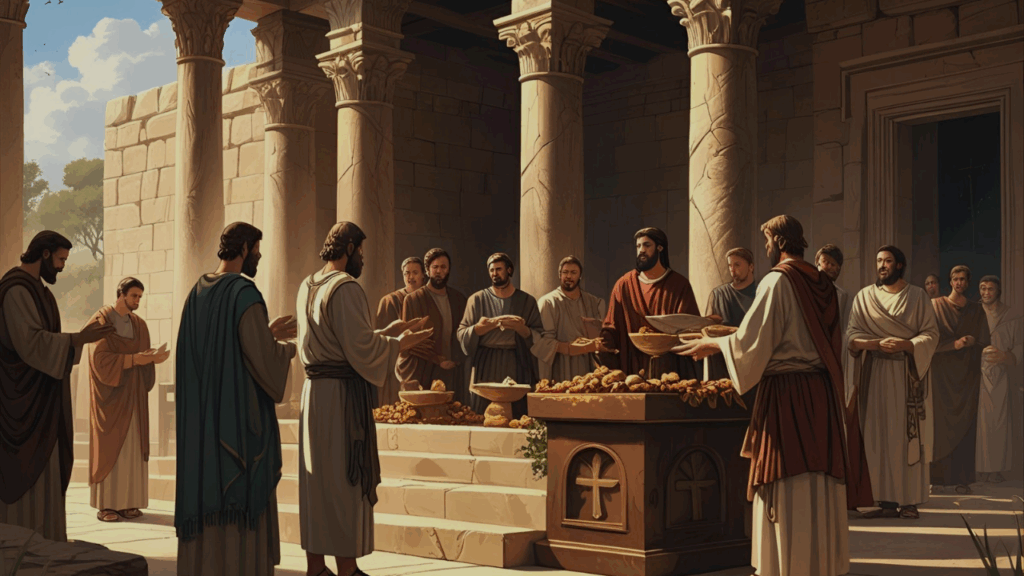 Homens indo deixar o dízimo no templo no antigo testamento 