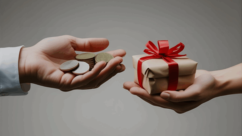 Uma mão dando o dinheiro como dízimo e a outra dando um presente como oferta