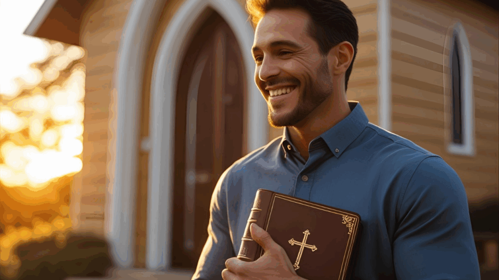 Homem saindo da igreja feliz por que está honrando Deus com dízimos e ofertas 