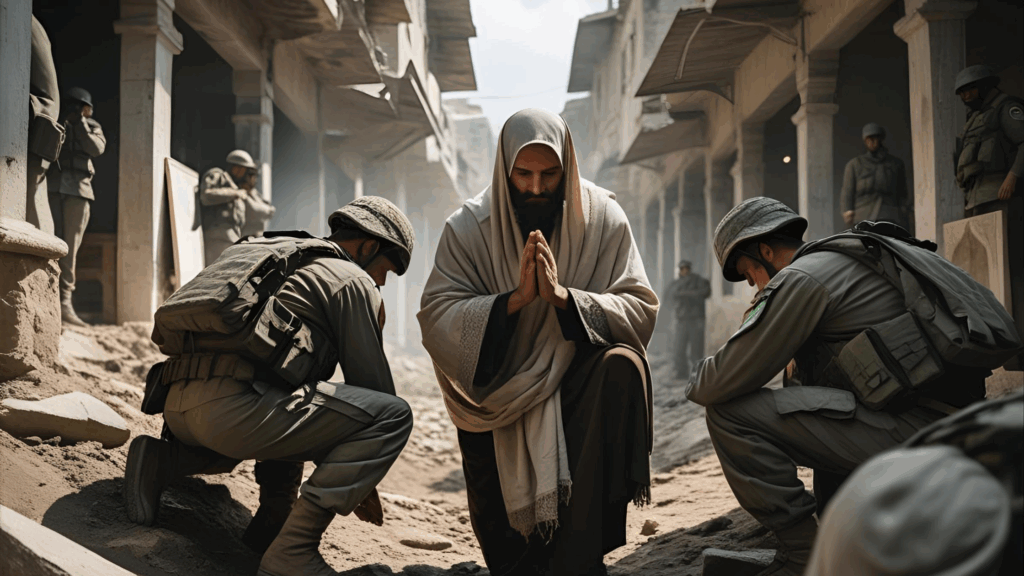 Os cristãos vão ou não passar pela grande tribulação? Imagem de um cristão orando e soldados do lado