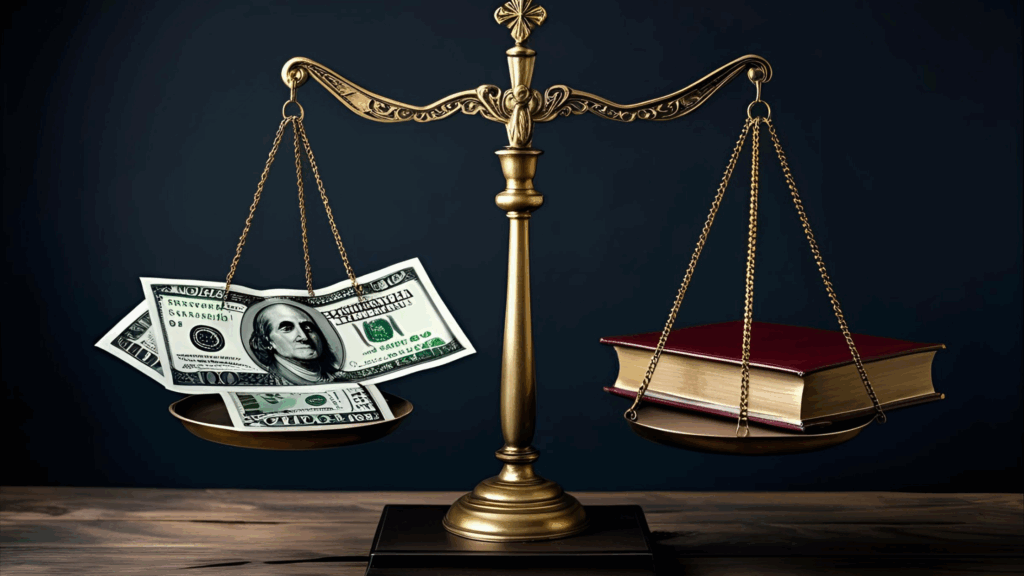 Imagem de uma balança, de um lado o dinheiro representando o anticristo e outro a bíblia com a palavra de Deus 