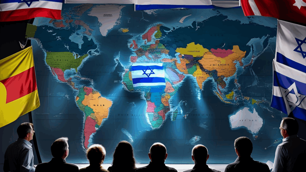 Imagem do mapa e Israel no centro sendo olhando por todo o mundo 