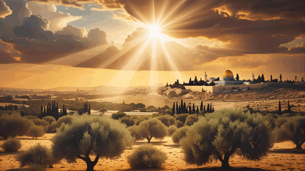 Imagem de oliveiras e Israel no fundo 