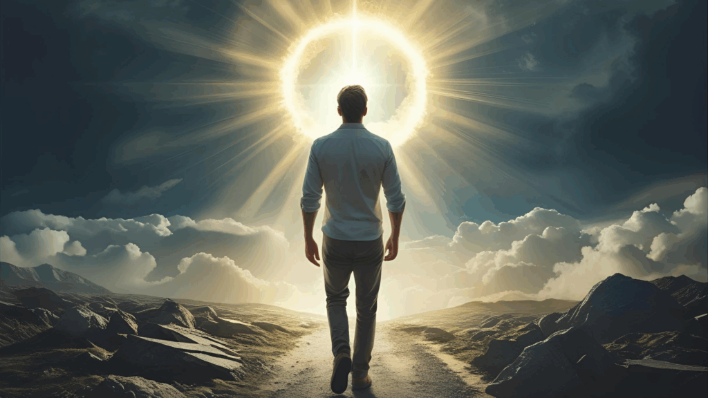 Imagem de pessoa caminhando para luz representando o caminho de Deus