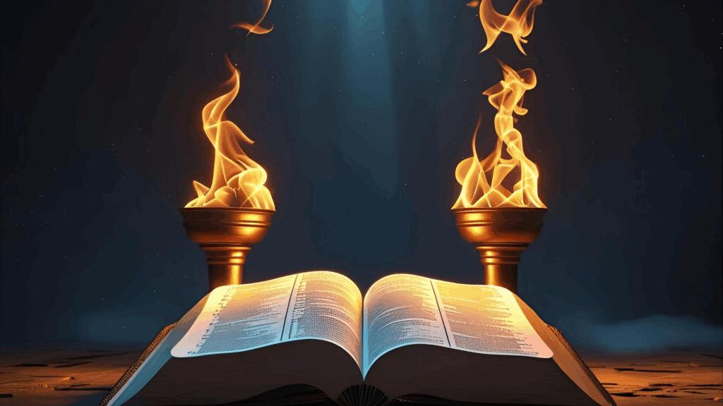 Bíblia aberta com duas tochas do lado representando as duas testemunhas 