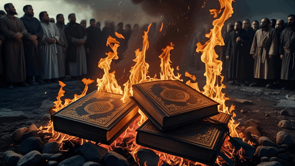 Imagem de bíblias sendo queimada representando que os dois testemunhas foram perseguidos 