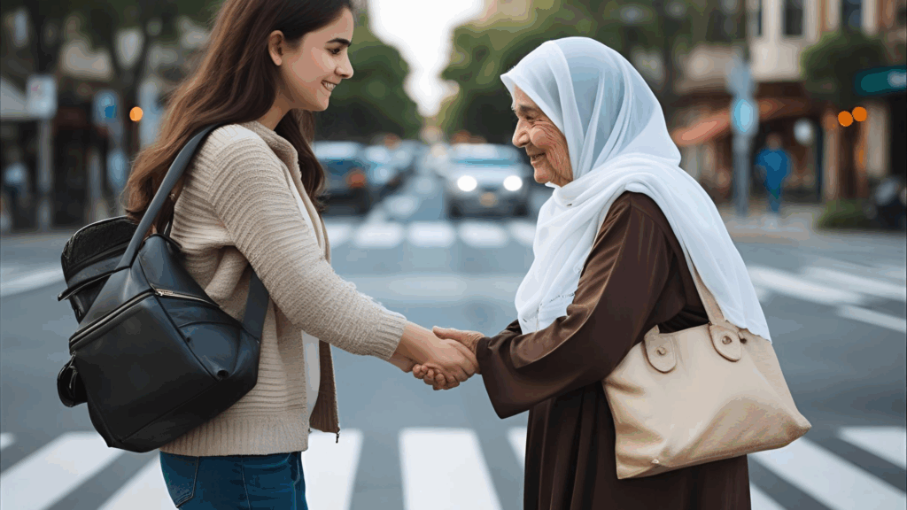 Mulher ajudando uma idosa representando amor ao próximo 