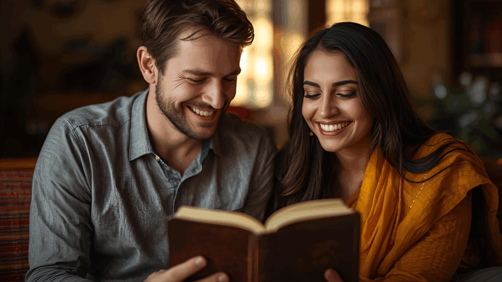 Imagem de homem e mulher lendo a Bíblia buscando o Espírito Santo 