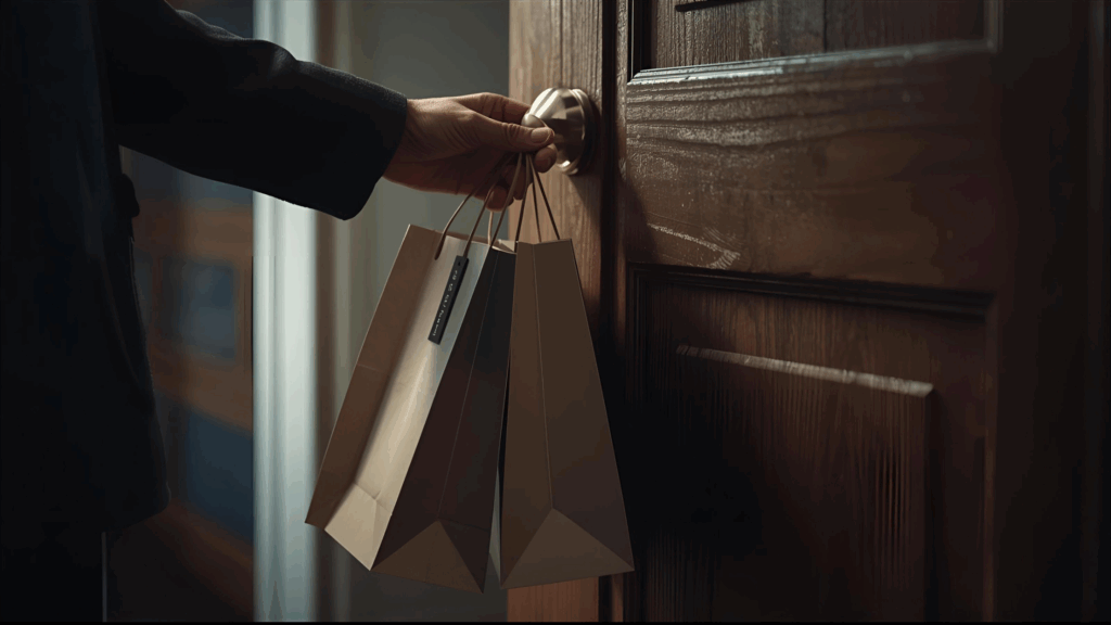 Pessoa deixando sacola de compras sem se indentificar para ajudar o vizinho 