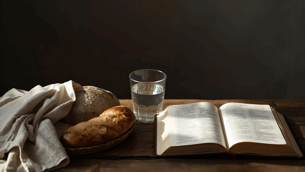 Imagem de pão água e bíblia mostrando contentamento 