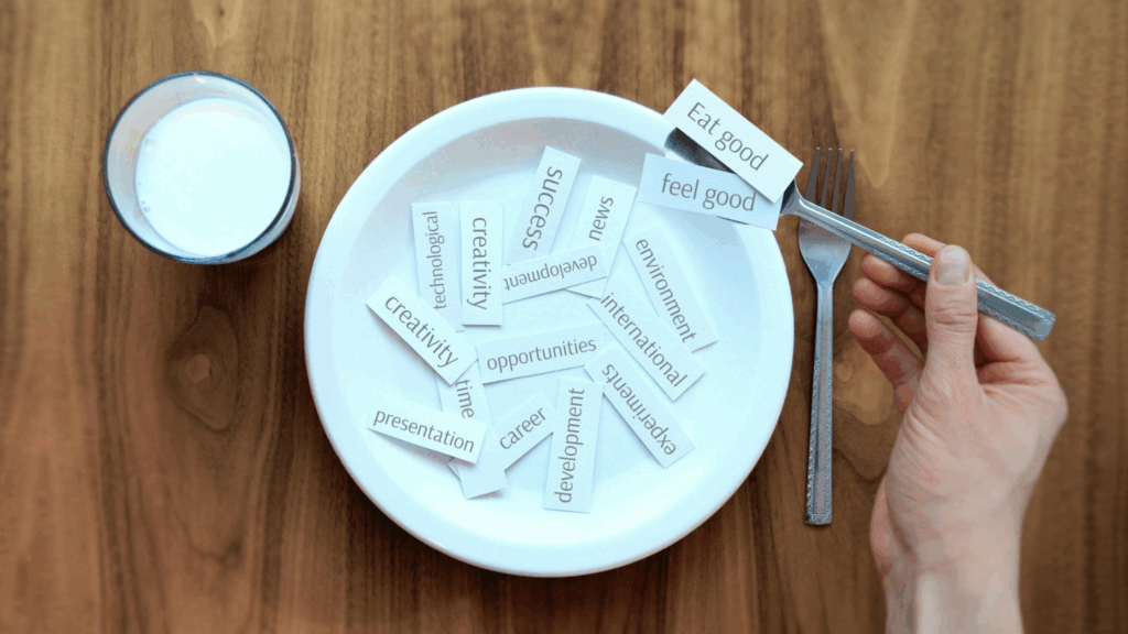 Imagem de prato com palavras representando para se alimentar da palavra de Deus 