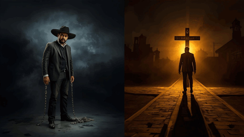 Imagem de uma pessoa com corrente, outro na frente da cruz, para representar a dificuldade de superar o pecado 