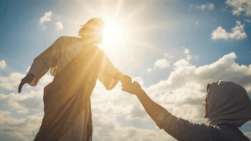 Imagem representando Jesus levantando um pecador quando cai e se arrepende