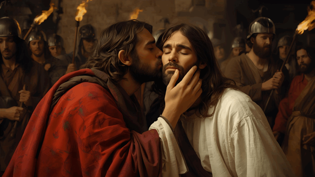 Imagem do momento em Judas da um beijo em Jesus 