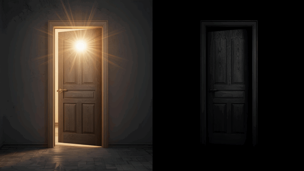 Imagem de duas portas, uma aberta com luz representando vida eterna e a outra fechada representando morte eterna 