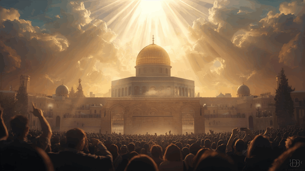 Imagem do terceiro templo já reconstruído e o povo adorando 