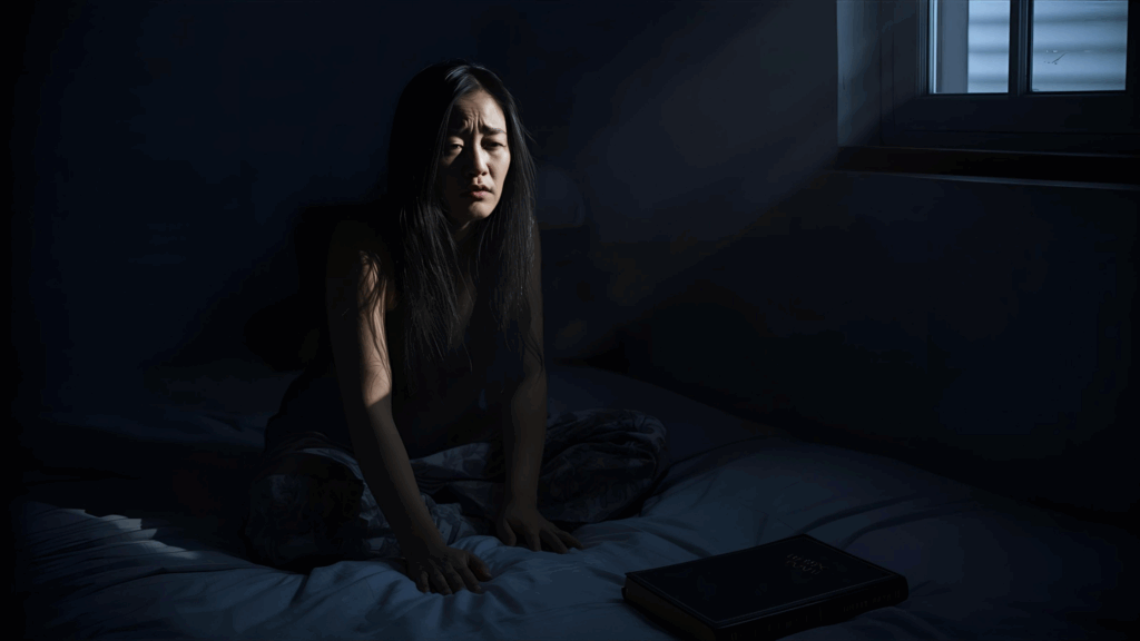 Uma mulher em um quarto escuro com pouca luz para representar batalha espiritual 