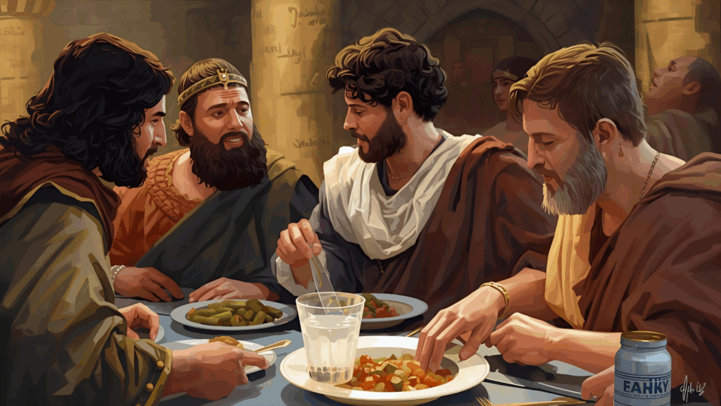 Imagem de Daniel e seus amigos escolhendo quais alimentos vão comer