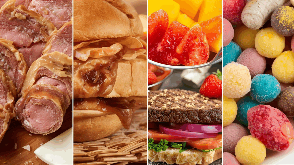 Imagem de alimentos não permitido no jejum, como carnes, doces e outros 