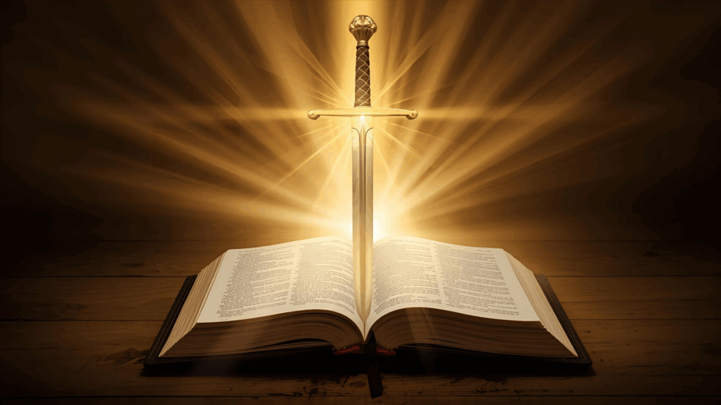 Imagem de uma bíblia com uma espada 