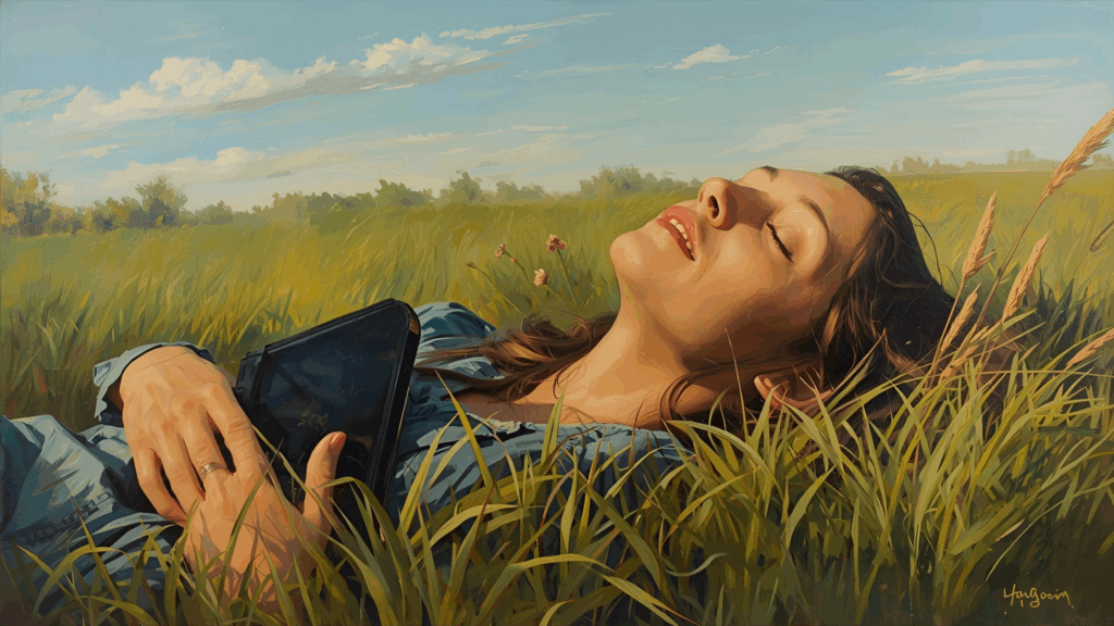 Imagem de uma pessoa no campo descansando com uma bíblia na mão, mostrando o descanso no sábado