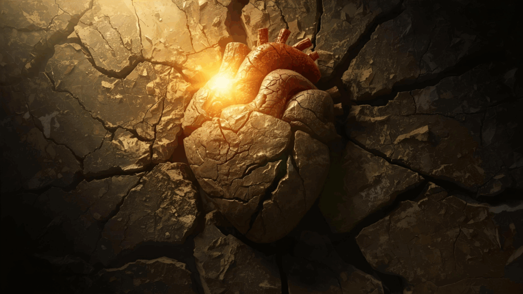 Imagem de um coração de pedra com uma centelha de luz saindo mostrando que o Espírito Santo ainda trabalha em nossa vida