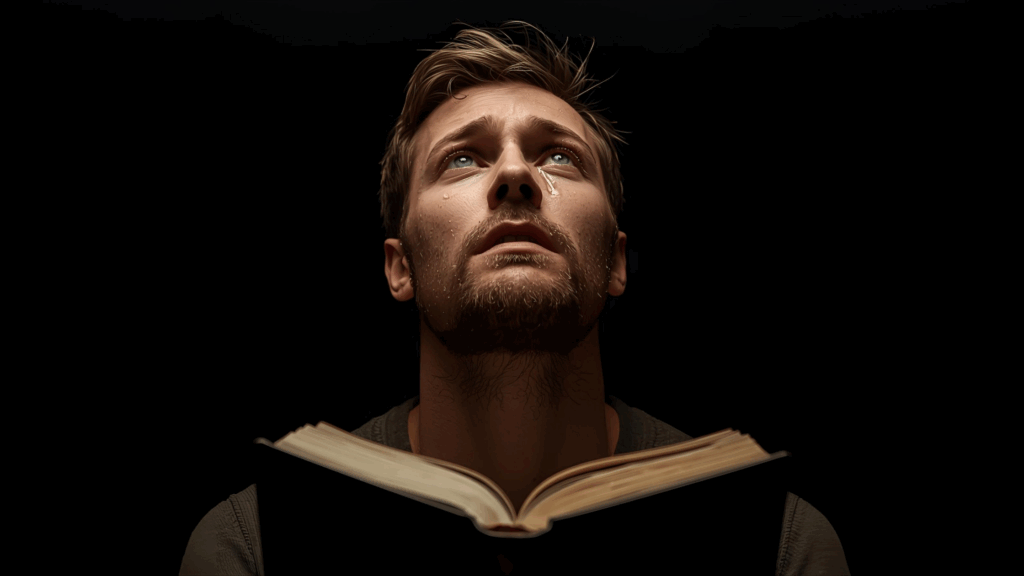 Imagem de uma pessoa chorando com a bíblia na mão mostrando batalhas espirituais 