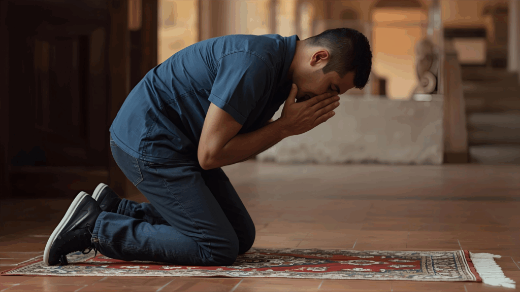 Homem em oração para vencer a batalha espiritual