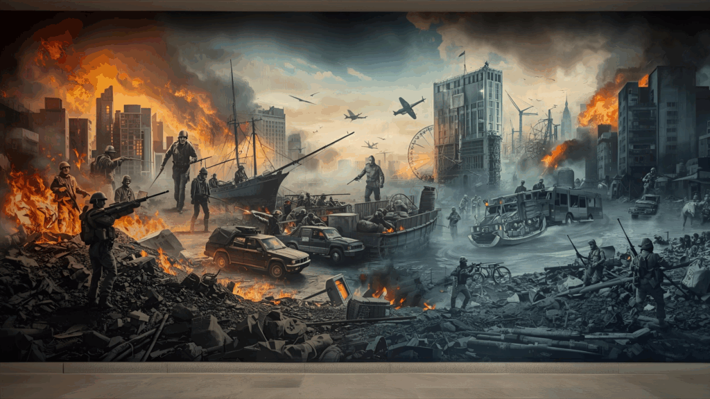 Imagem representando desastres naturais, guerras, imoralidades e terremotos