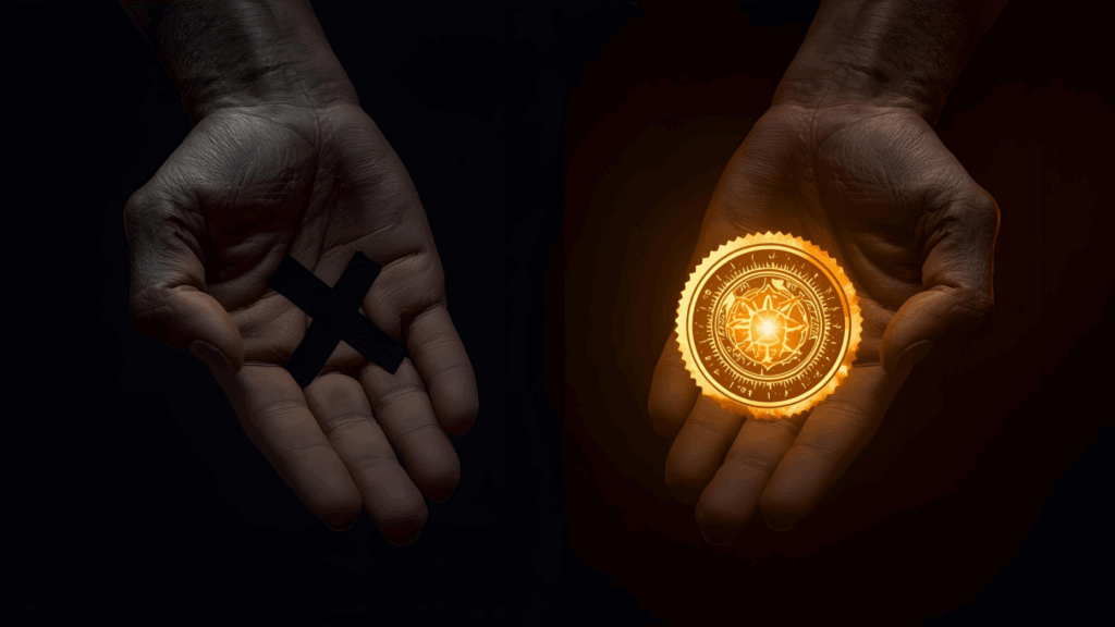 Imagem de duas mãos, uma representando o selo de Deus a outra a marca da besta