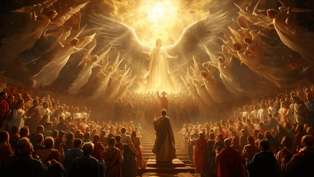 Imagem dos 144 mil cantando e louvando diante do trono de Deus na vitória final de Cristo 