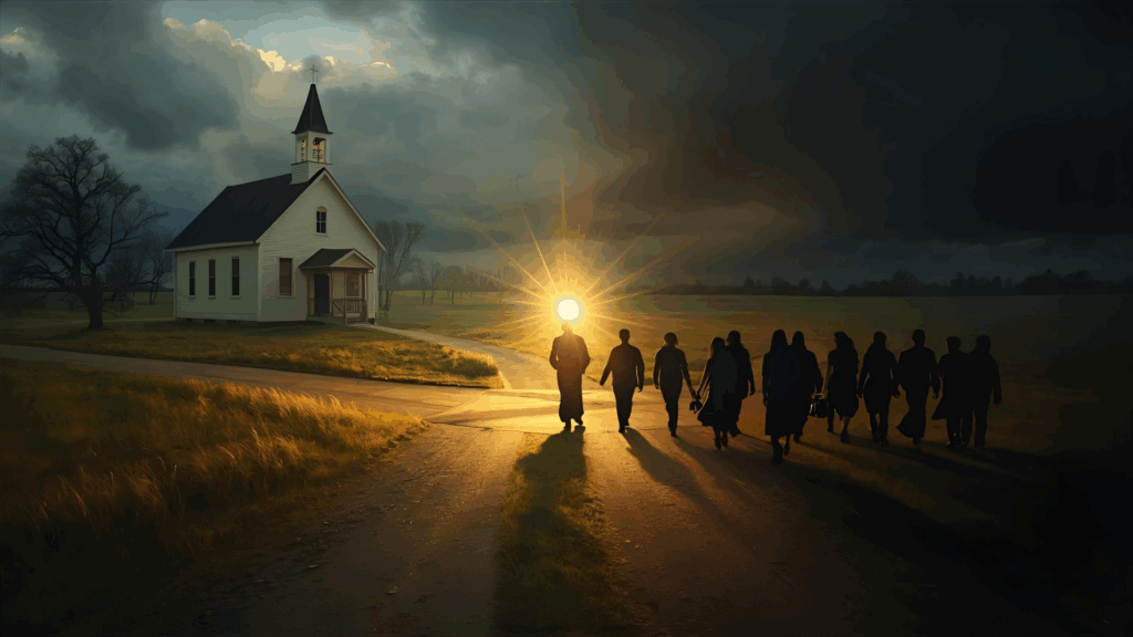 Imagem de um caminho indo para igreja representando Cristo, outra a profeta conduzindo ao pecado