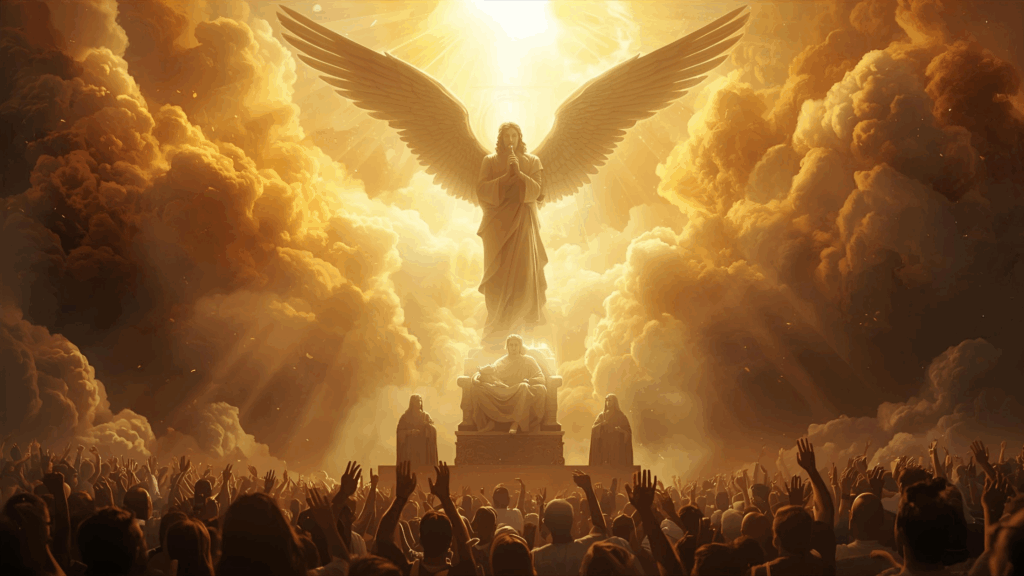 Anjo tocando a última trombeta pra a volta e o reinado de Cristo 