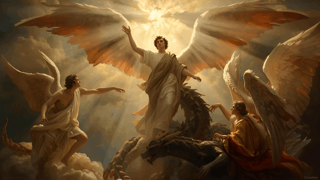Anjos vencendo dragão, representando vitória sobre batalha espiritual 