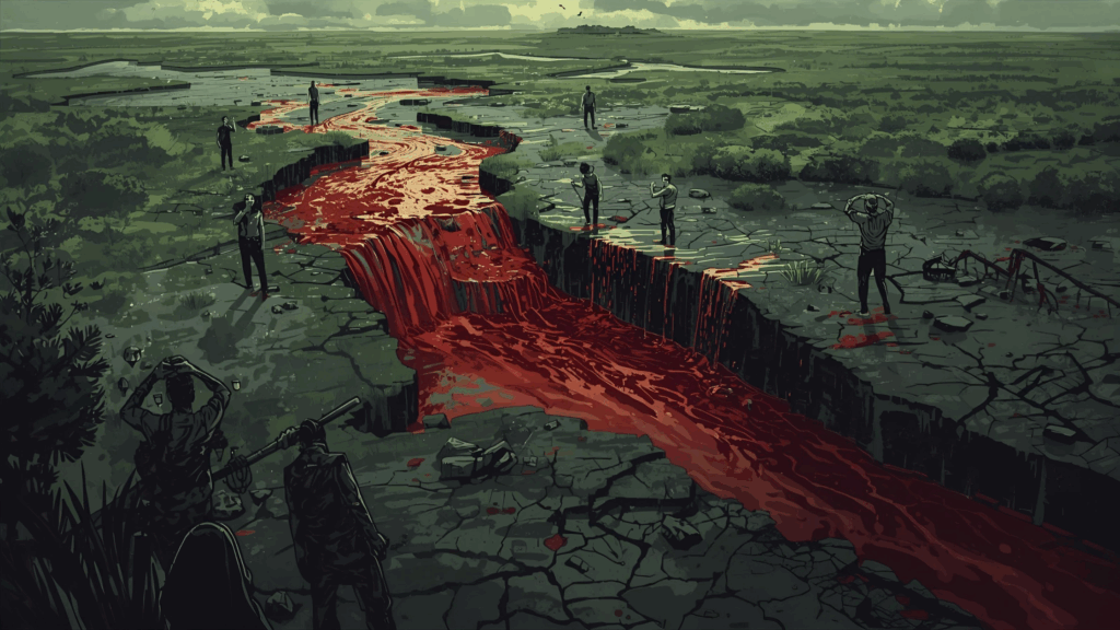 Imagem de Rios e Fontes em sangue e pessoas sofrendo 