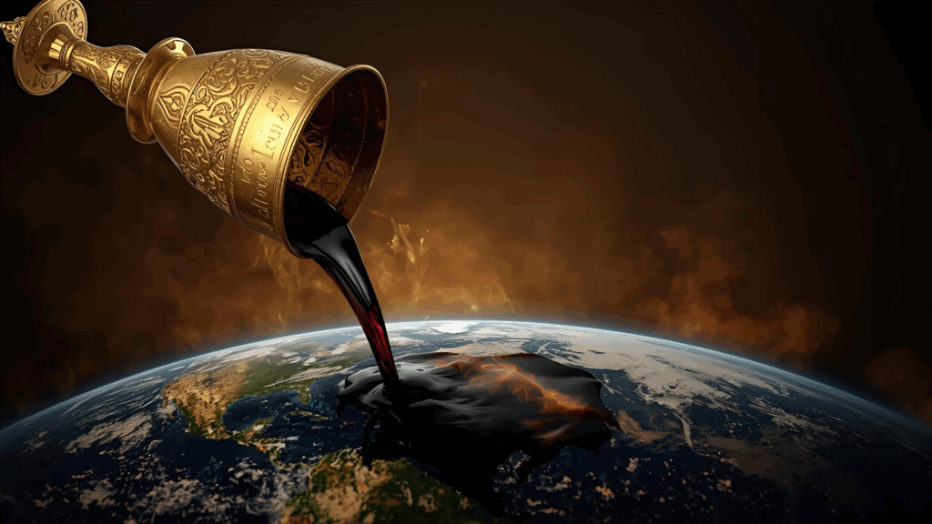 Imagem de um cálice de ouro derramando vinho no mundo