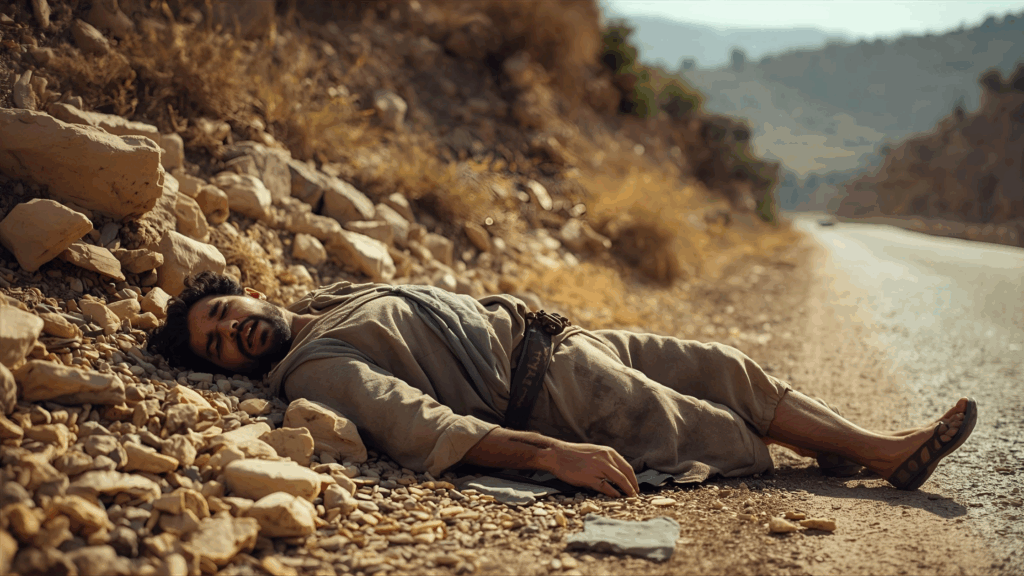 Homem caído a beira do caminho o bom samaritano 